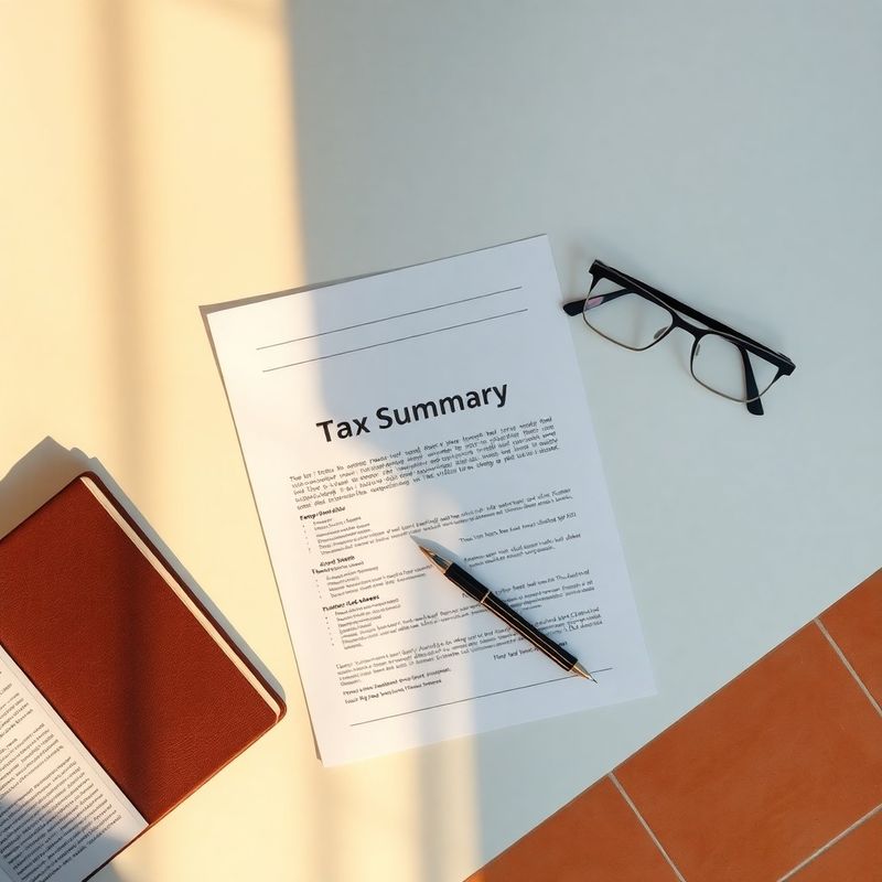 Escritorio con informe fiscal, lápiz y cuaderno sobre superficie azul pálido
